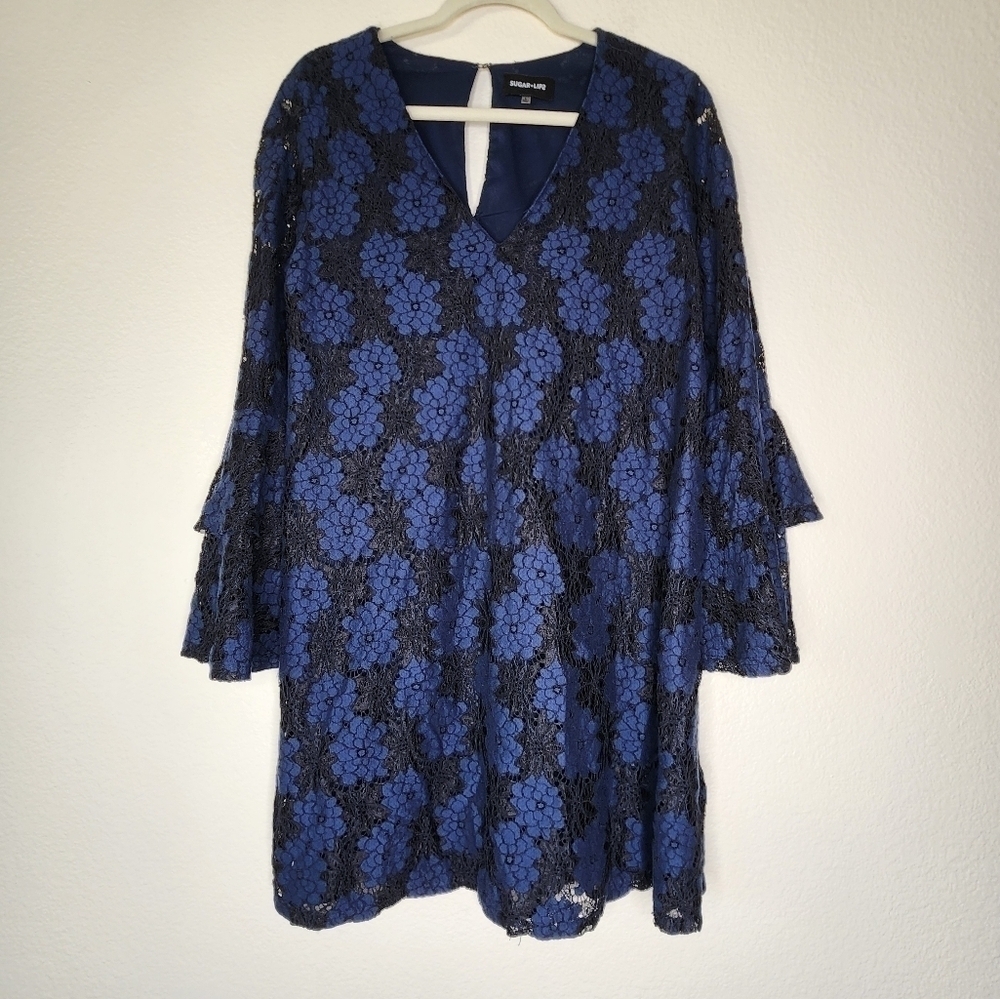 Sugar and Lips Blue Lace Floral Bell Sleeve Dress L